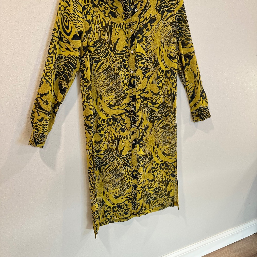 H&M Shirt Dress Women 4 Yellow Black Dragon Graphic Print Boho Sheer Lightweight - Picture 7 of 12